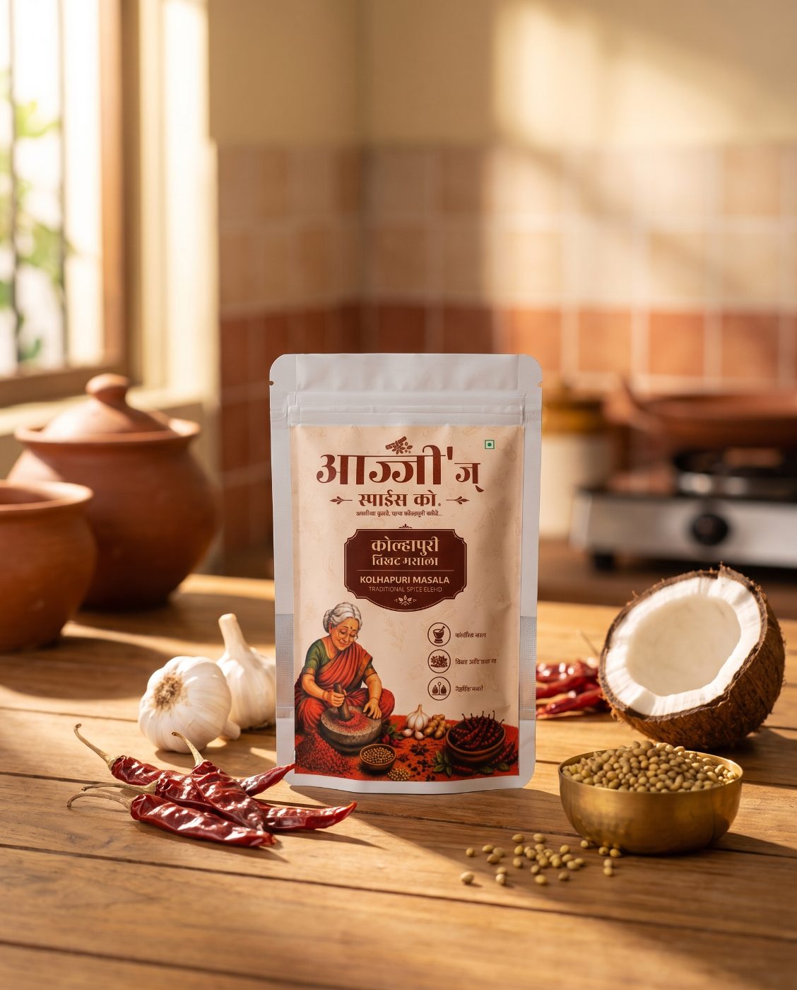 Ajji's Kolhapuri Masala pouch on a kitchen table