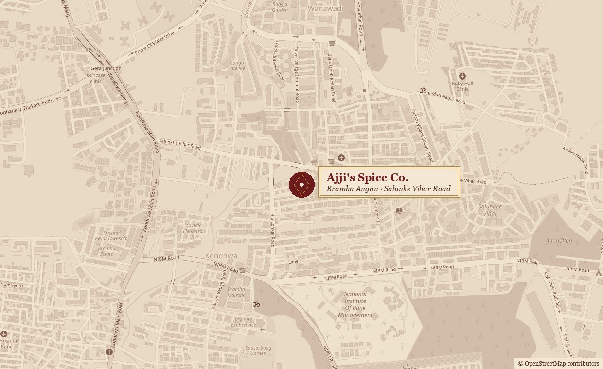Map of Kondhwa, Pune, with Ajji's Spice Co. marked at Bramha Angan on Salunke Vihar Road