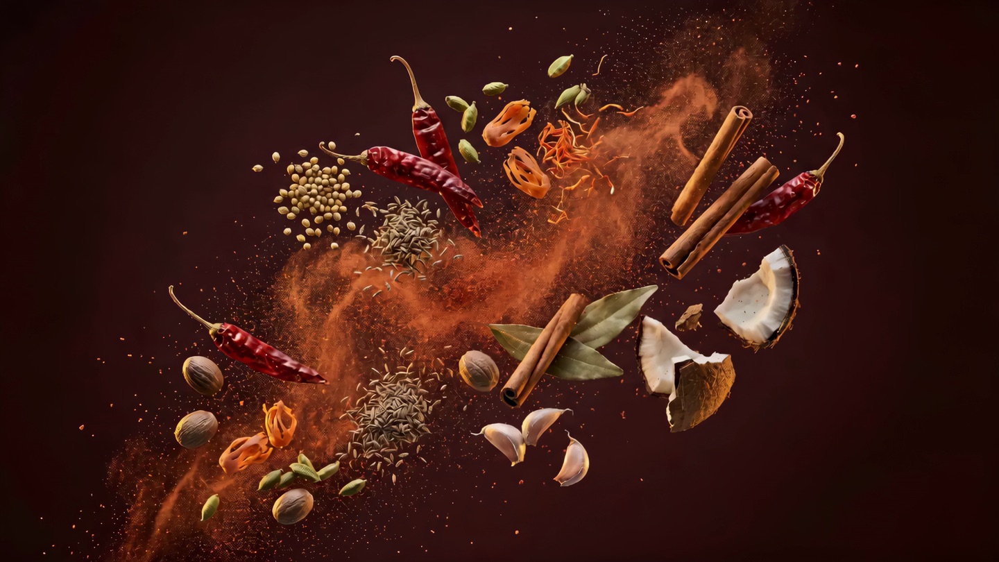 Whole spices for Kolhapuri masala scattered on a dark surface